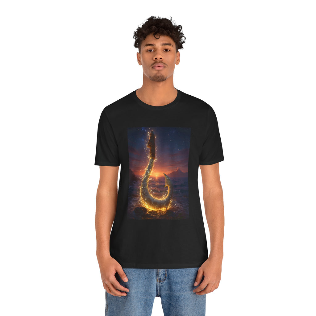 Fiery Hook Graphic Tee — Flaming Fishing Hook Sunset T-Shirt