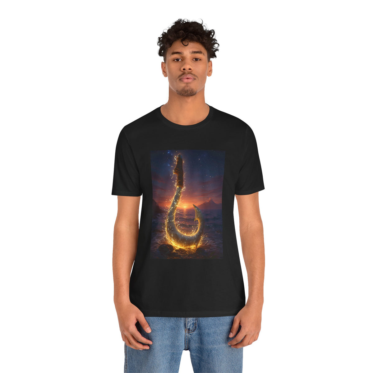 Fiery Hook Graphic Tee — Flaming Fishing Hook Sunset T-Shirt