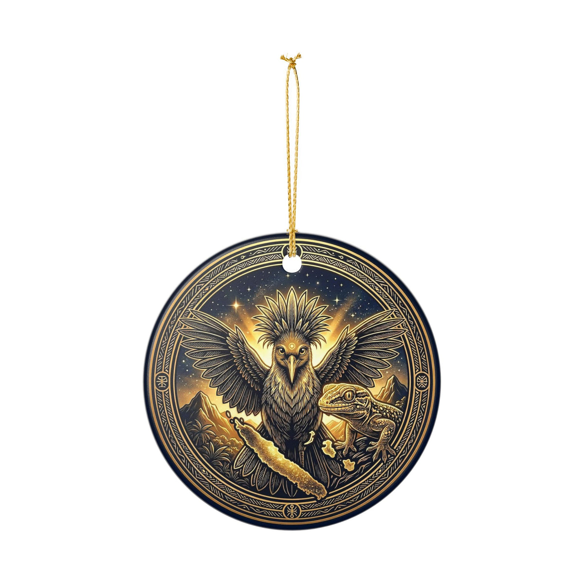 Ceramic Ornament — Mystic Raven & Lizard Medallion Holiday Decoration