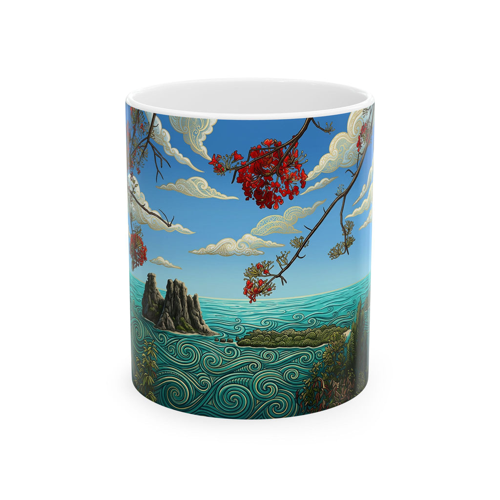 Scenic Ocean Art Ceramic Mug – Tropical Cliffside with Swirling Waves (11oz/15oz)