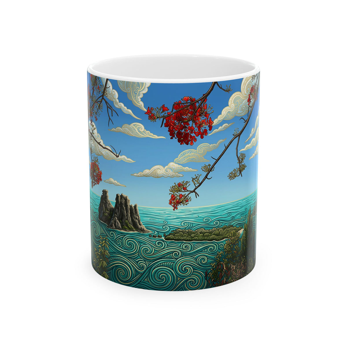 Scenic Ocean Art Ceramic Mug – Tropical Cliffside with Swirling Waves (11oz/15oz)