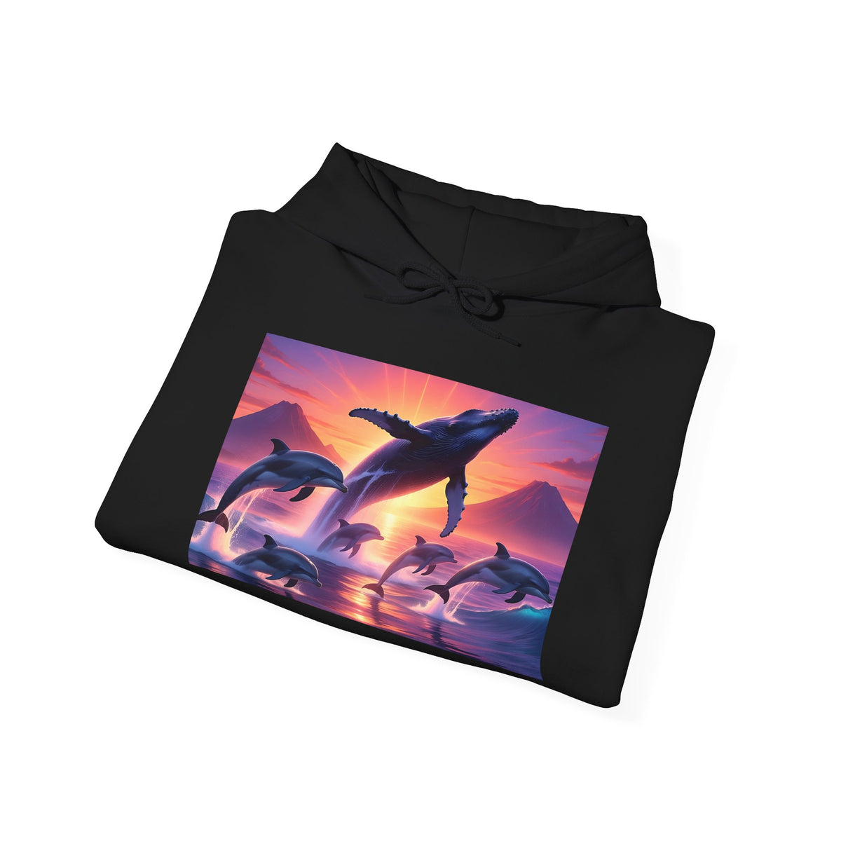 Dolphin Sunset Hoodie — Majestic Jump Ocean Graphic Sweatshirt