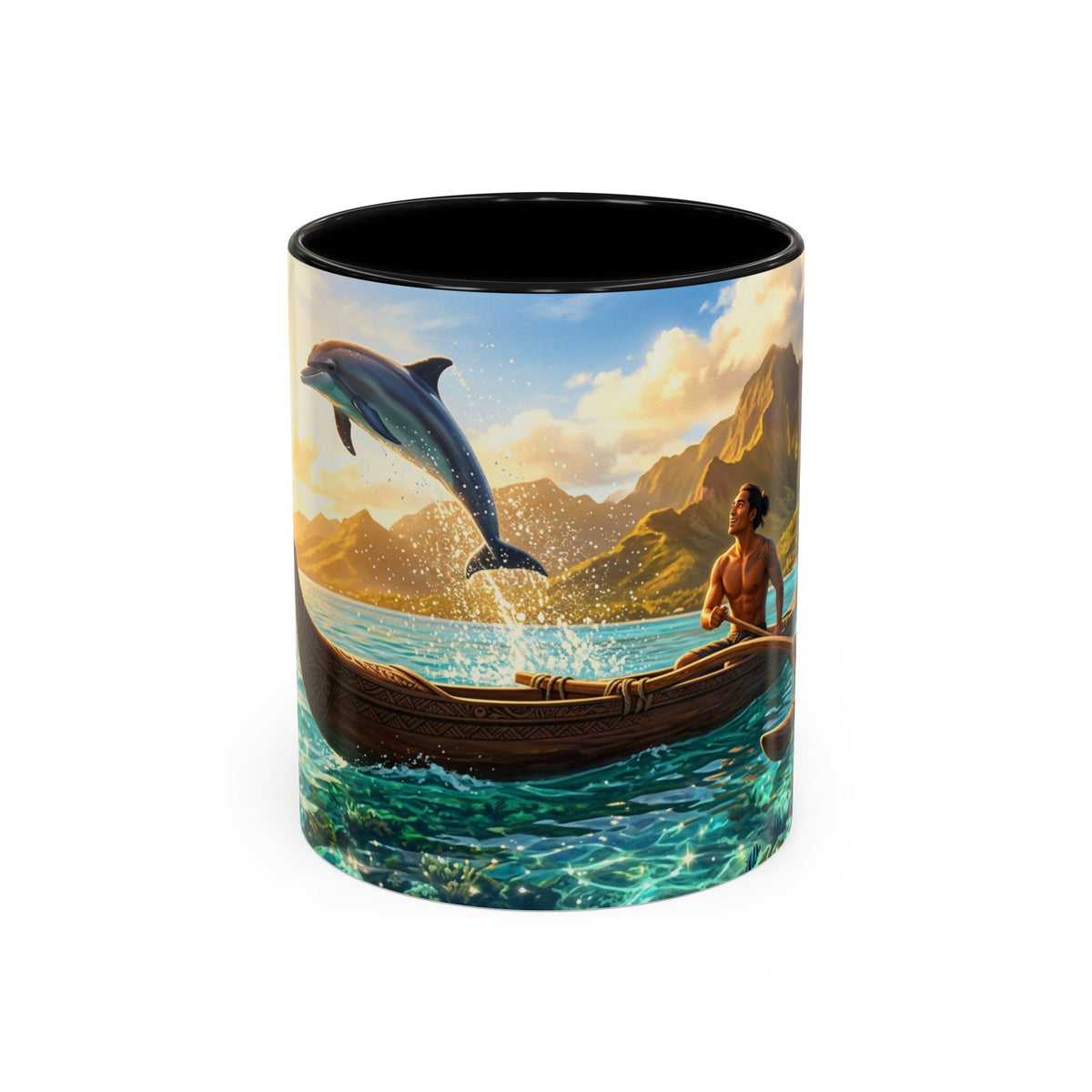 Tropical Canoe Coffee Mug — Ocean Dolphin Sunrise Scenic Mug (11/15oz)