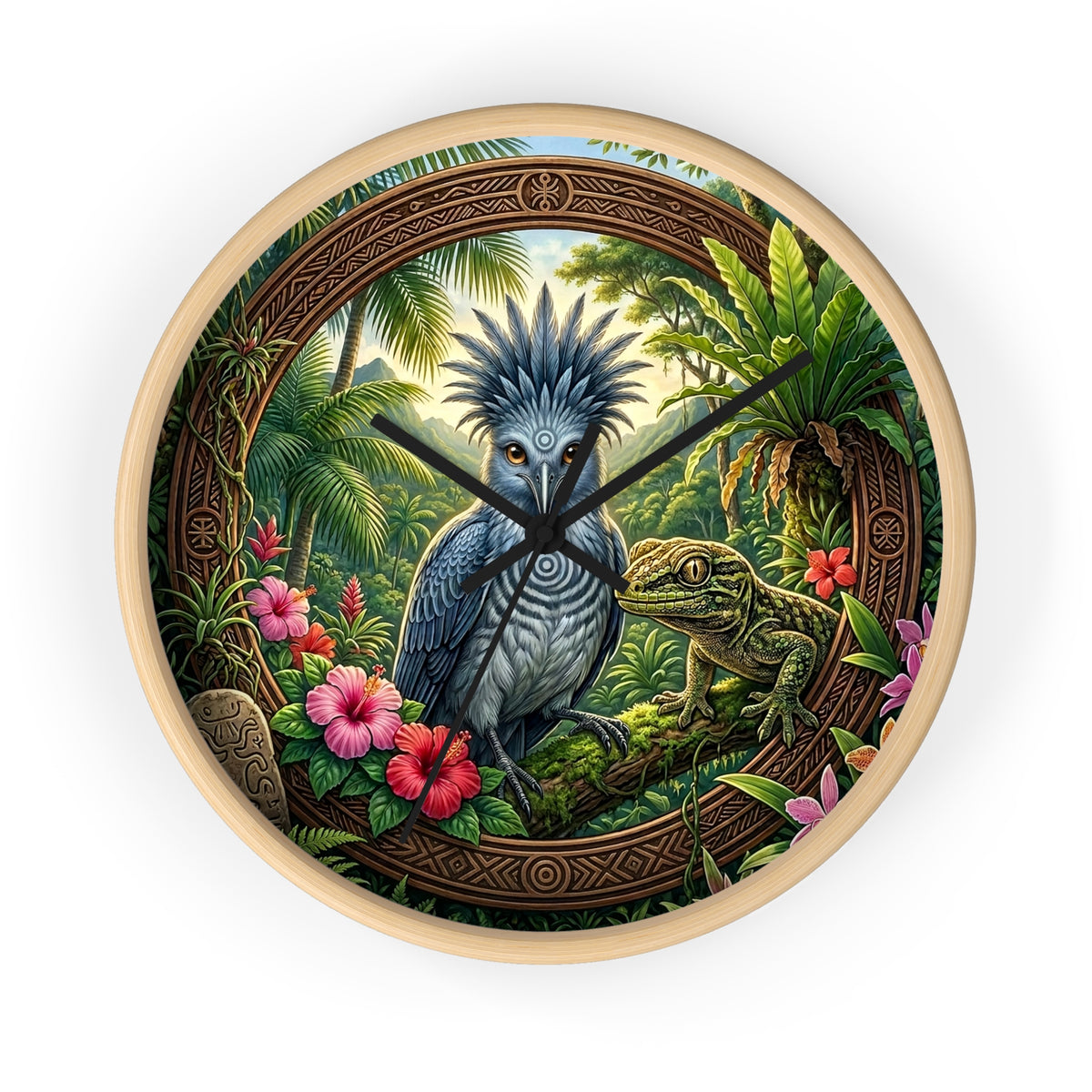 Tropical Bird Wall Clock — Blue Palm Cockatoo & Lizard Jungle Decor