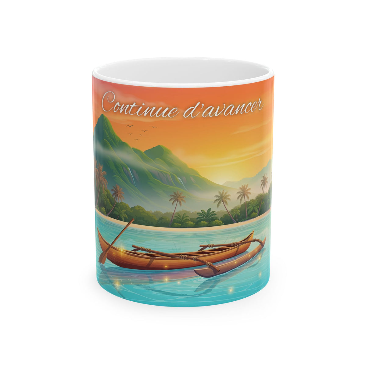 Inspirational Tropical Sunset Mug - "Continue d'avancer" Ceramic Coffee Cup (11oz, 15oz)