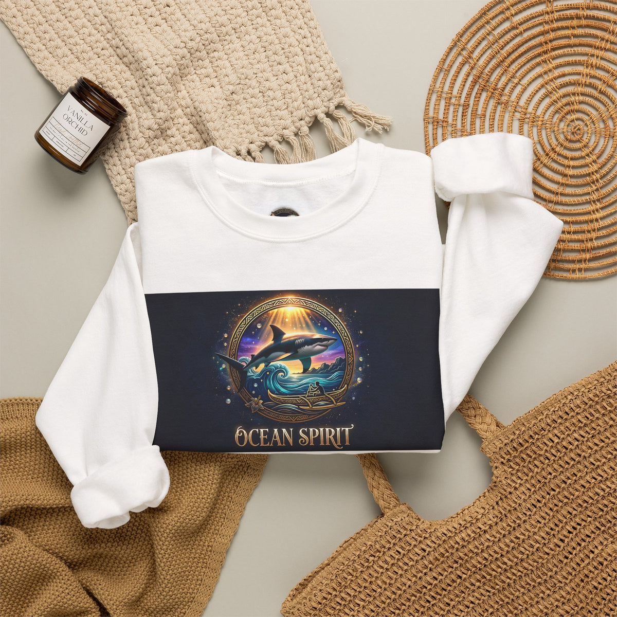 Ocean Spirit Crewneck Sweatshirt — Whale & Sunset Graphic