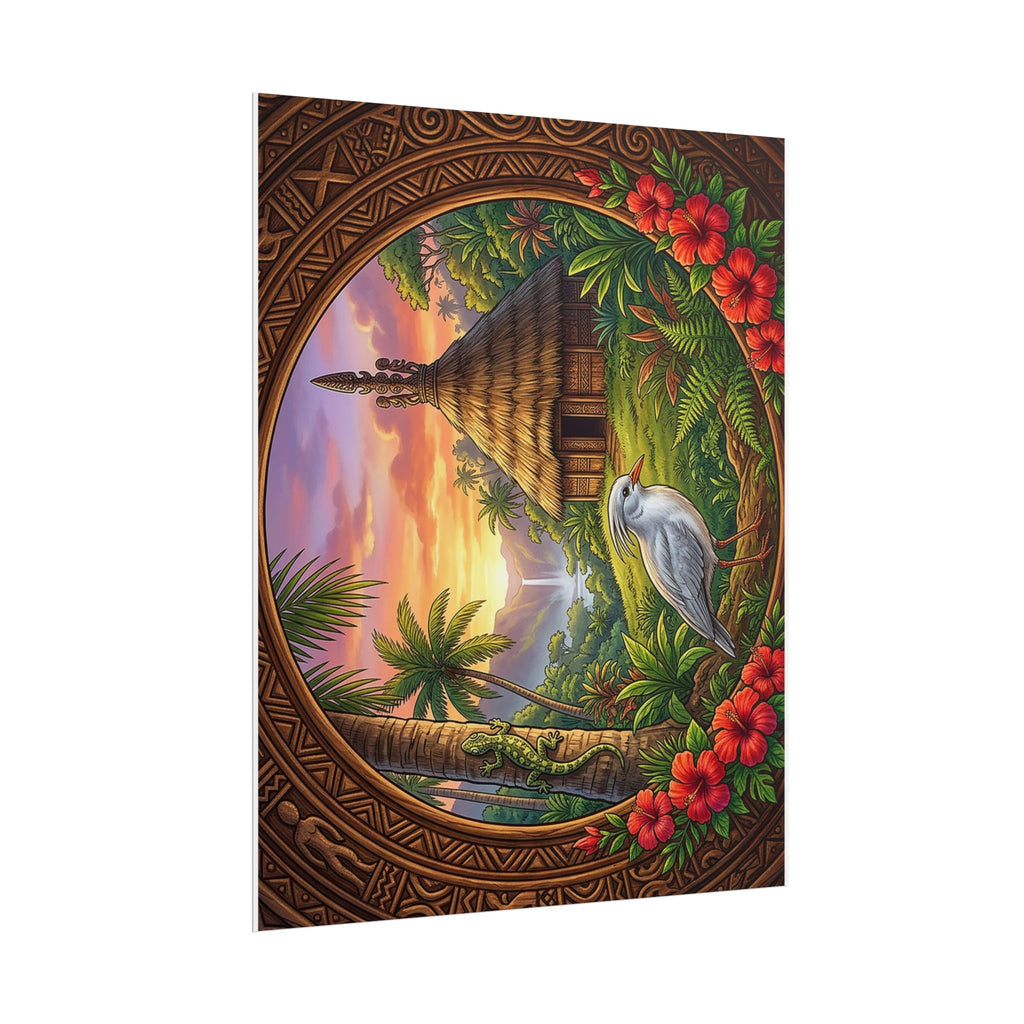 Tropical Sunset Rolled Poster — Pacific Fall Scene with Egret & Hibiscus