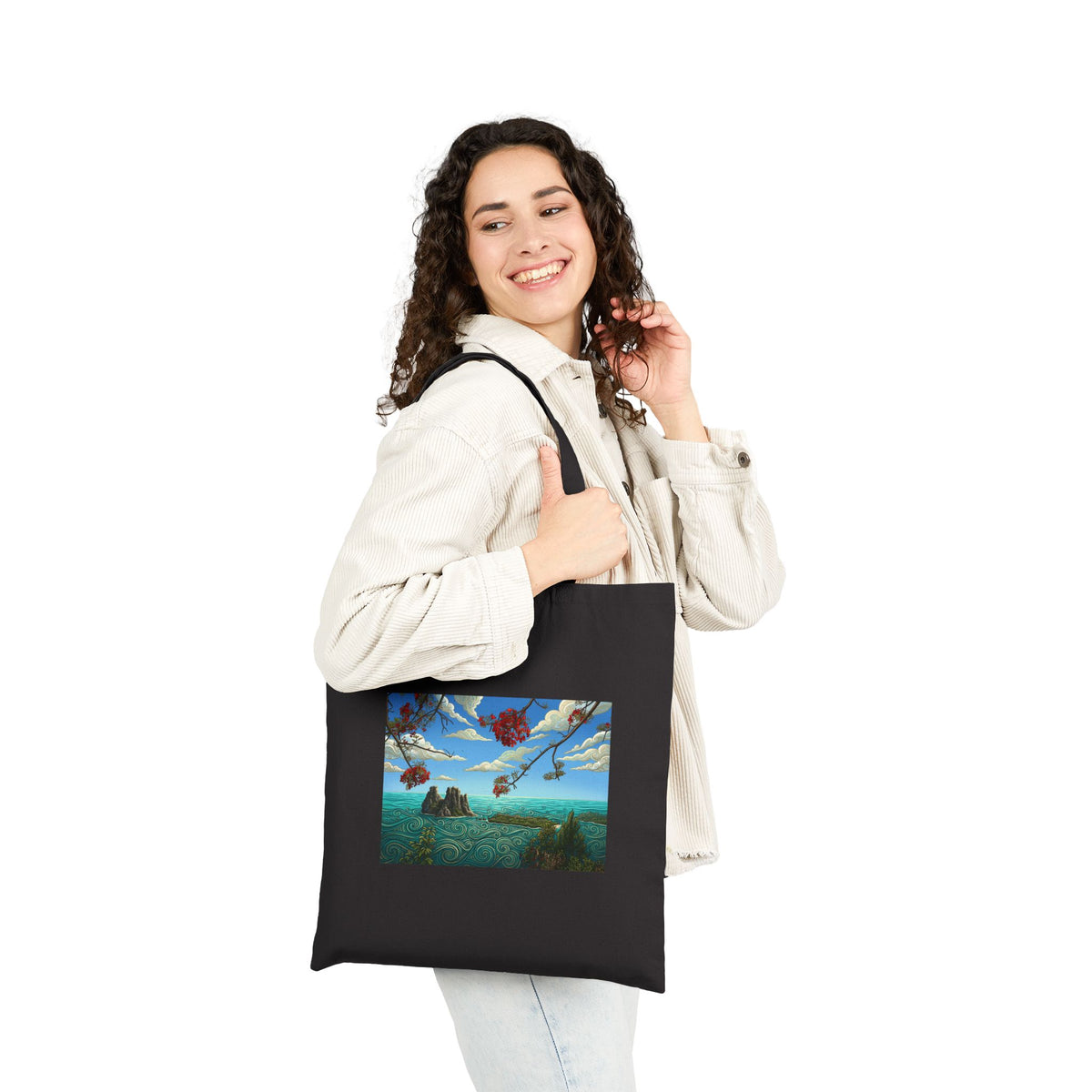 Surreal Sky Art Tote — Canvas Bag with Flying Leaves Scenic Print