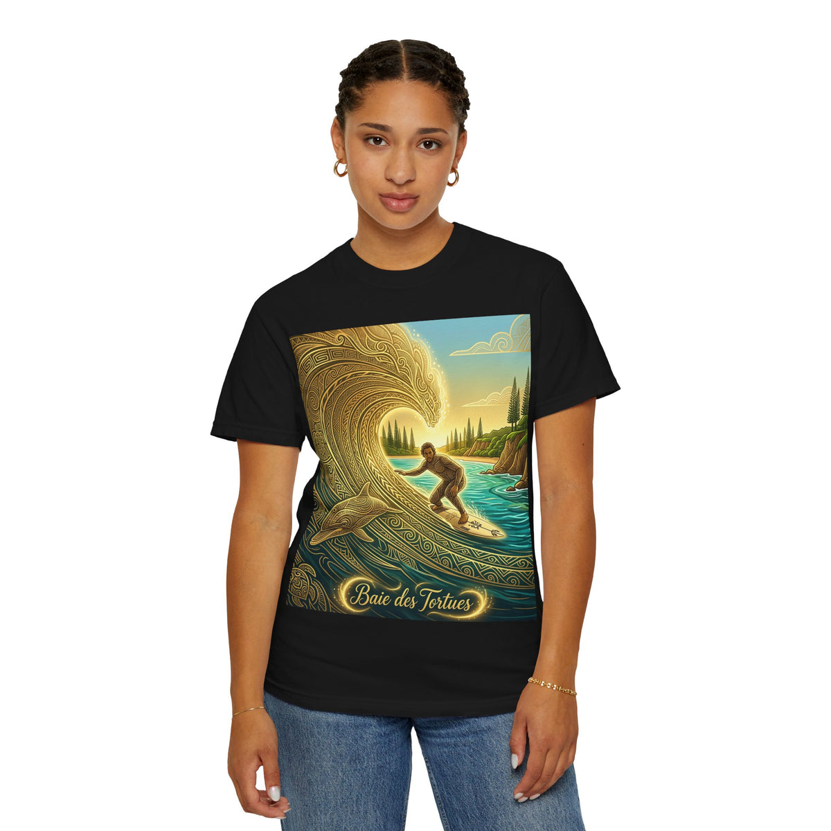 Surfer and Dolphin Wave T-Shirt | Vintage Coastal Surf Art
