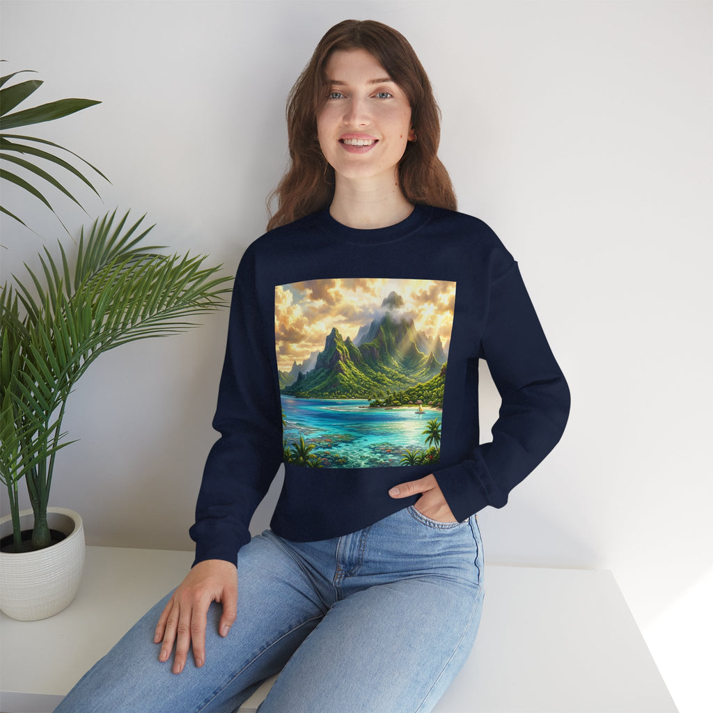 Tropical Island Crewneck Sweatshirt — Scenic Beach Landscape Pullover