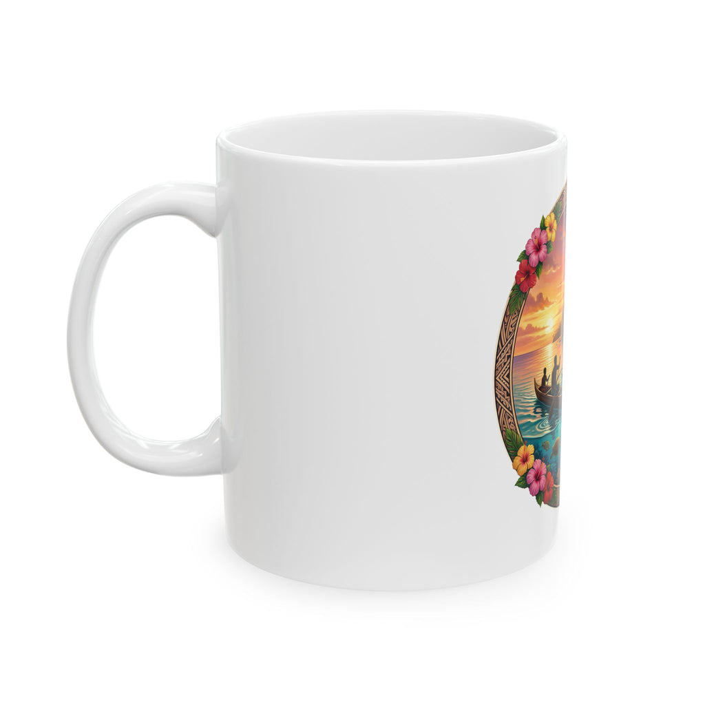 Tropical Sunset Canoe Ceramic Mug — Hawaiian Island Beach Scene (11oz/15oz)