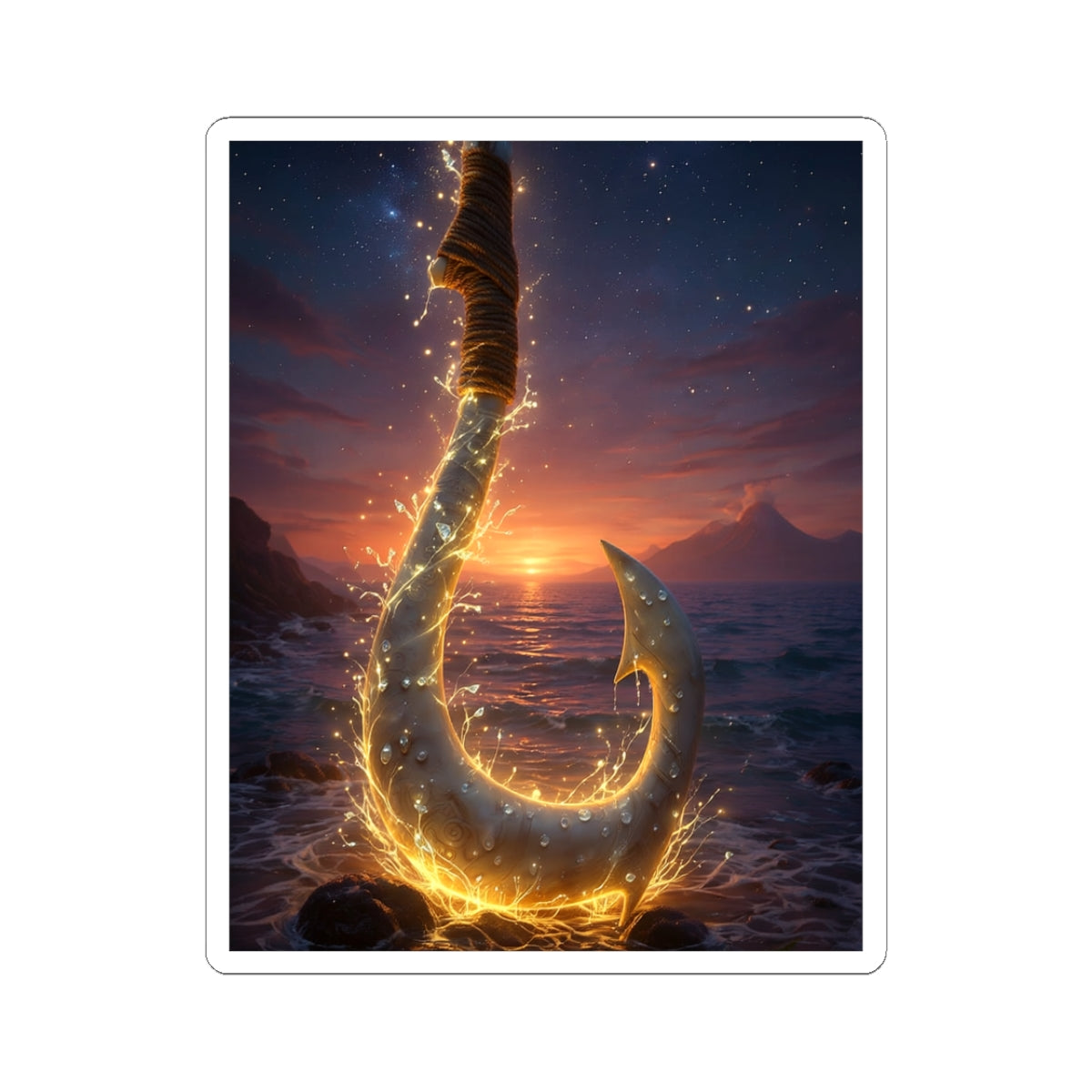 Golden Fishing Hook Sticker — Glowing Ocean Sunset Kiss-Cut Decal