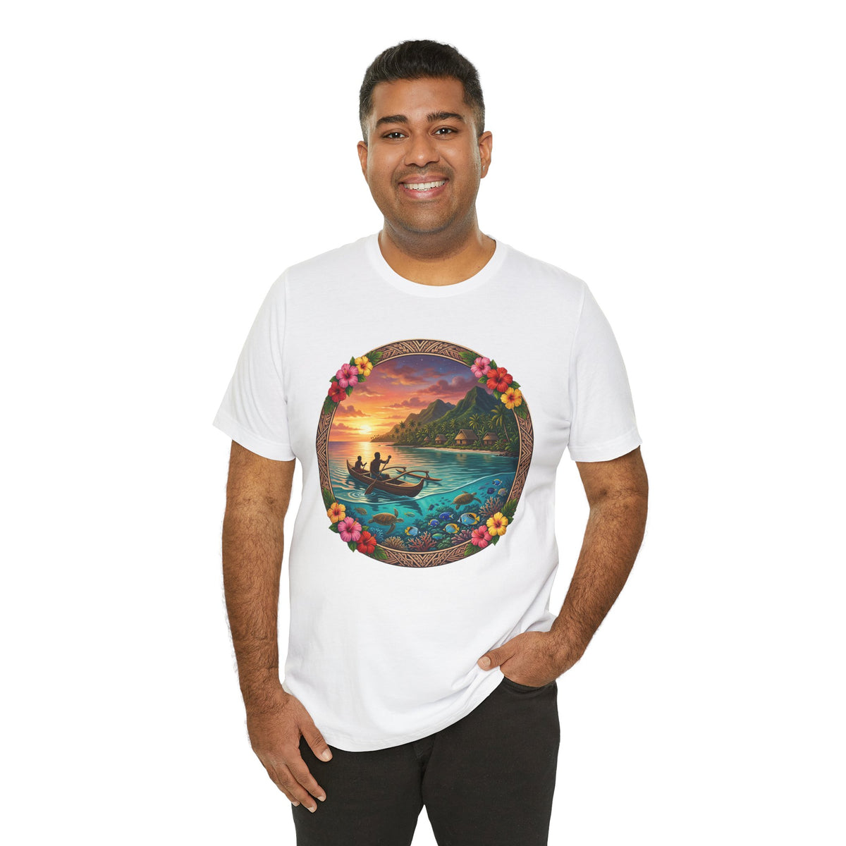 Sunset Island Graphic Tee — Tropical Beach Circle Design