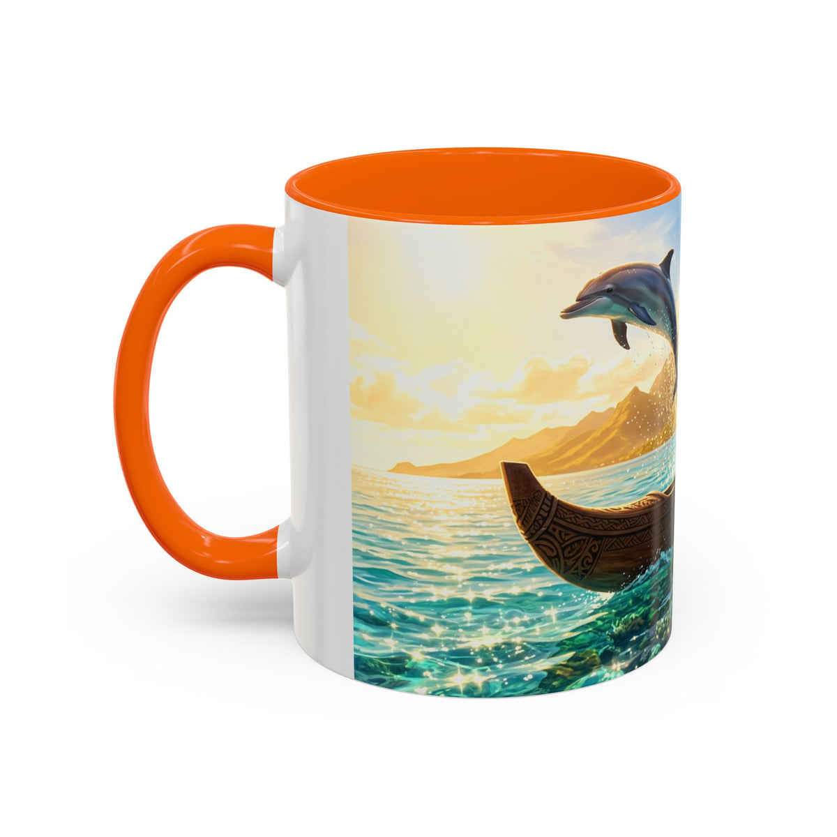 Tropical Canoe Coffee Mug — Ocean Dolphin Sunrise Scenic Mug (11/15oz)