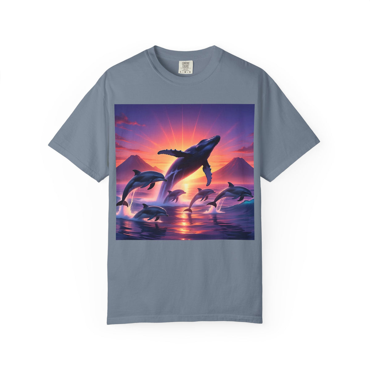 Sunset Whale & Dolphins T-Shirt — Vintage Ocean Sunset Graphic Tee