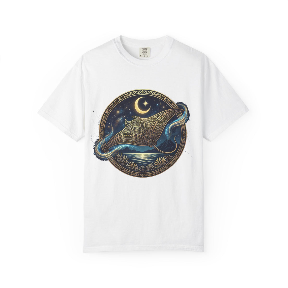 Manta Ray Nightscape T-Shirt | Crescent Moon Ocean Illustration