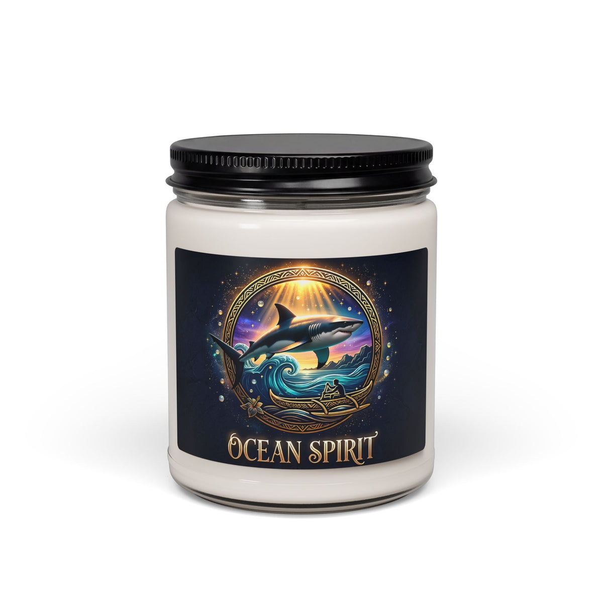 Ocean Spirit Scented Soy Candle — 9oz Aromatherapy Candle with Shark & Sunset Design