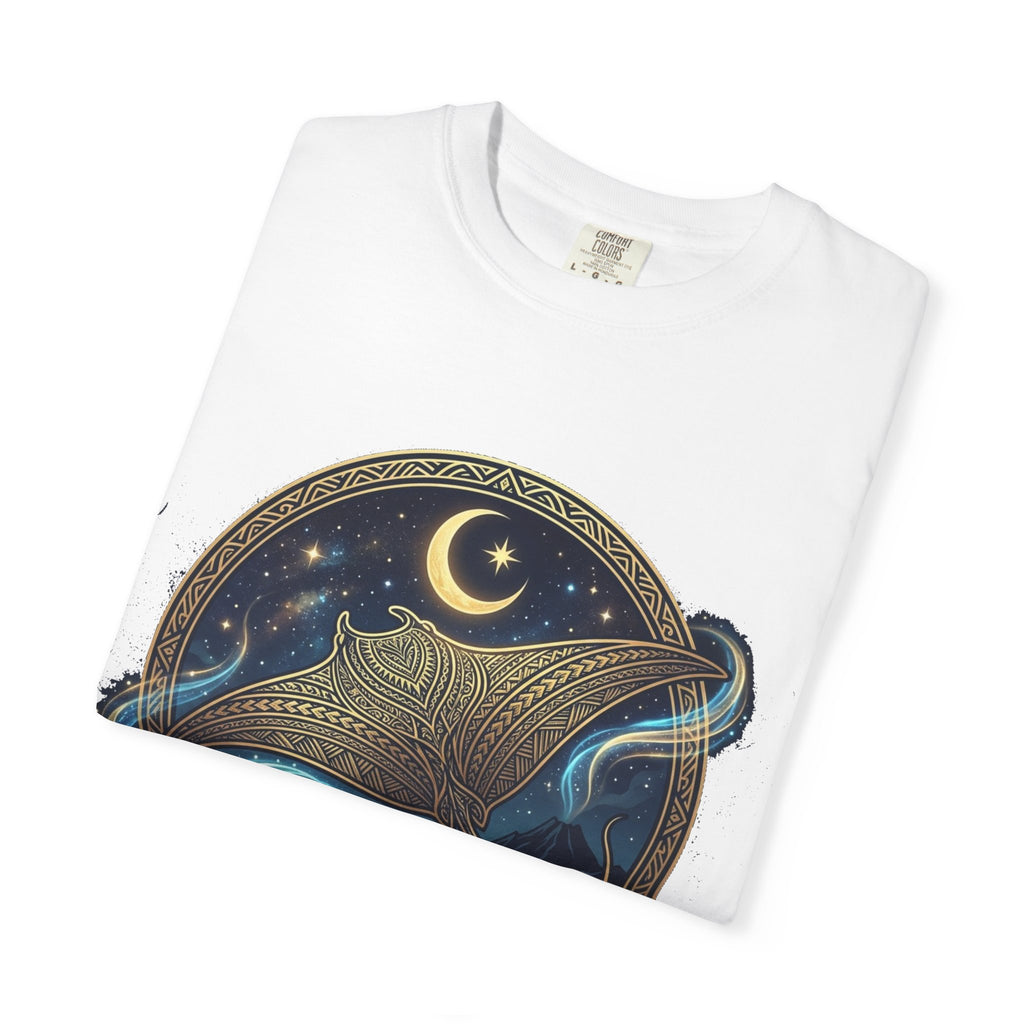 Manta Ray Nightscape T-Shirt | Crescent Moon Ocean Illustration