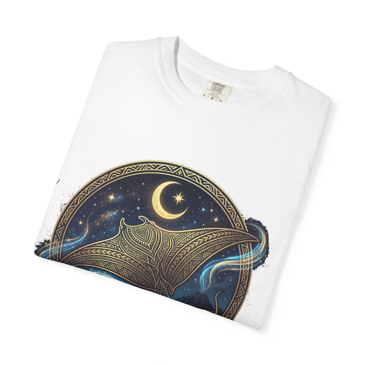 Manta Ray Nightscape T-Shirt | Crescent Moon Ocean Illustration