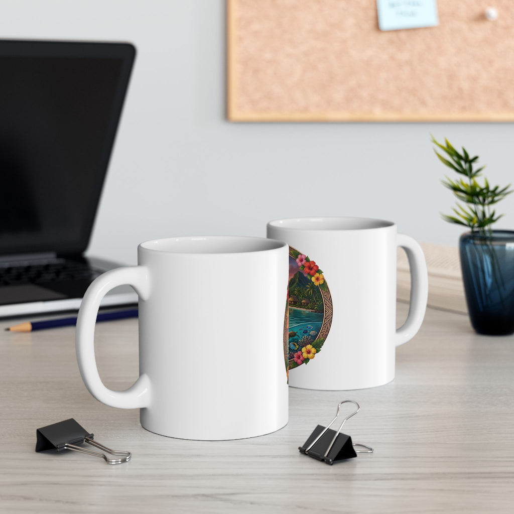 Tropical Sunset Canoe Ceramic Mug — Hawaiian Island Beach Scene (11oz/15oz)