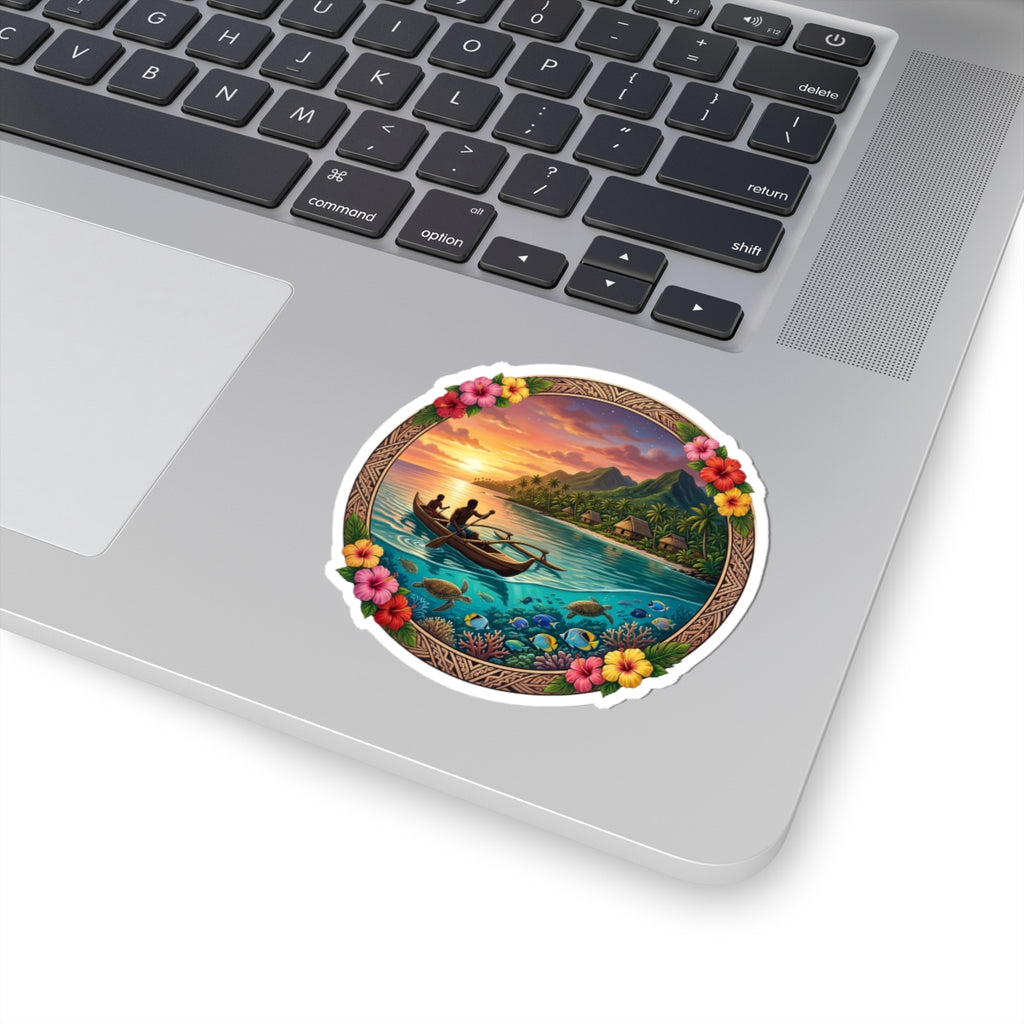 Tropical Sunset Sticker — Island Canoe Scene Kiss-Cut Sticker