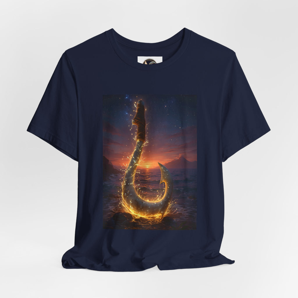 Fiery Hook Graphic Tee — Flaming Fishing Hook Sunset T-Shirt
