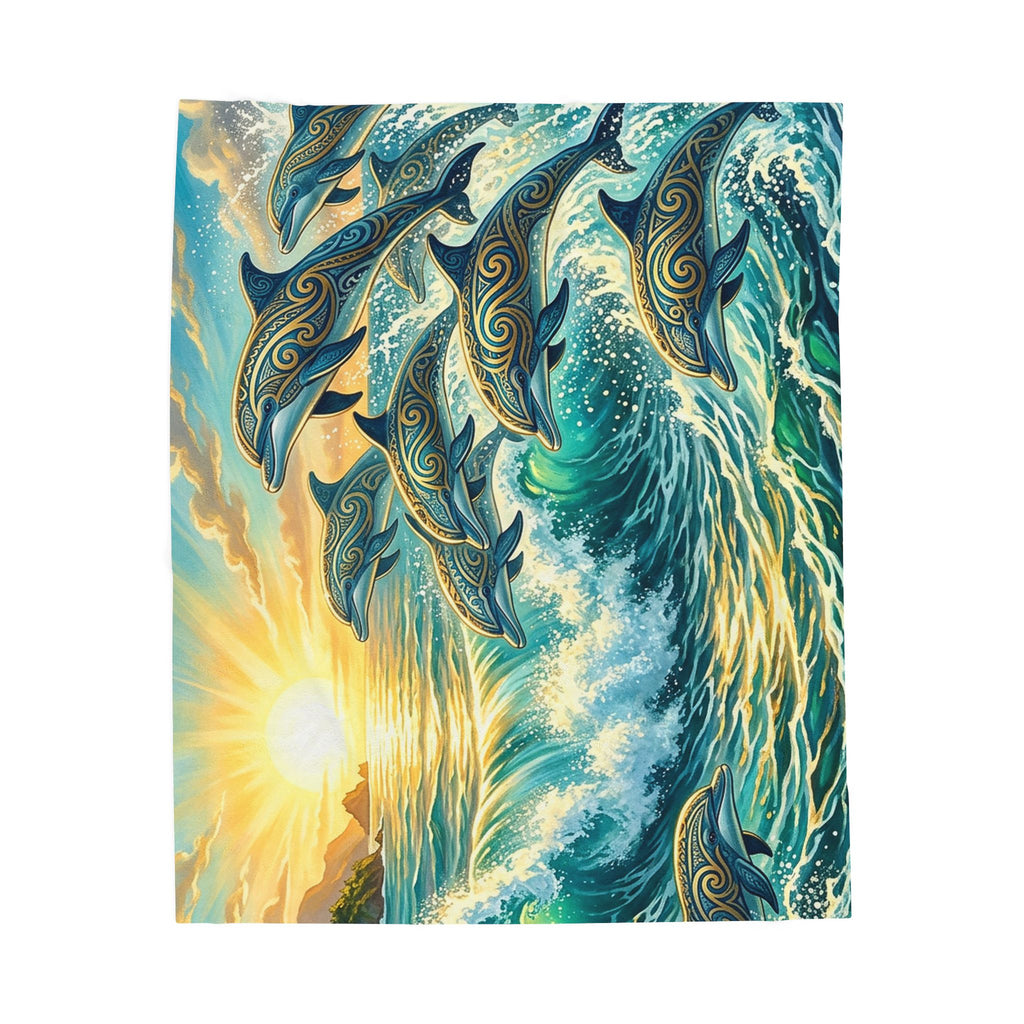 Ocean Dolphin Wave Sunrise Velveteen Plush Blanket | Marine Art Throw