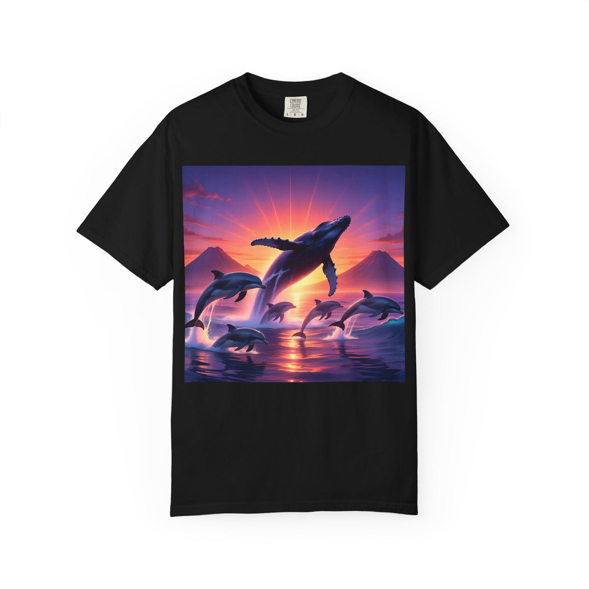 Sunset Whale & Dolphins T-Shirt — Vintage Ocean Sunset Graphic Tee