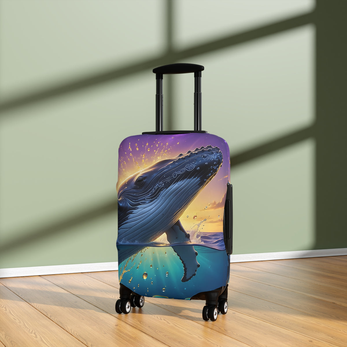 Whale Sunset Luggage Cover — Vibrant Ocean Whale Print Travel Protector