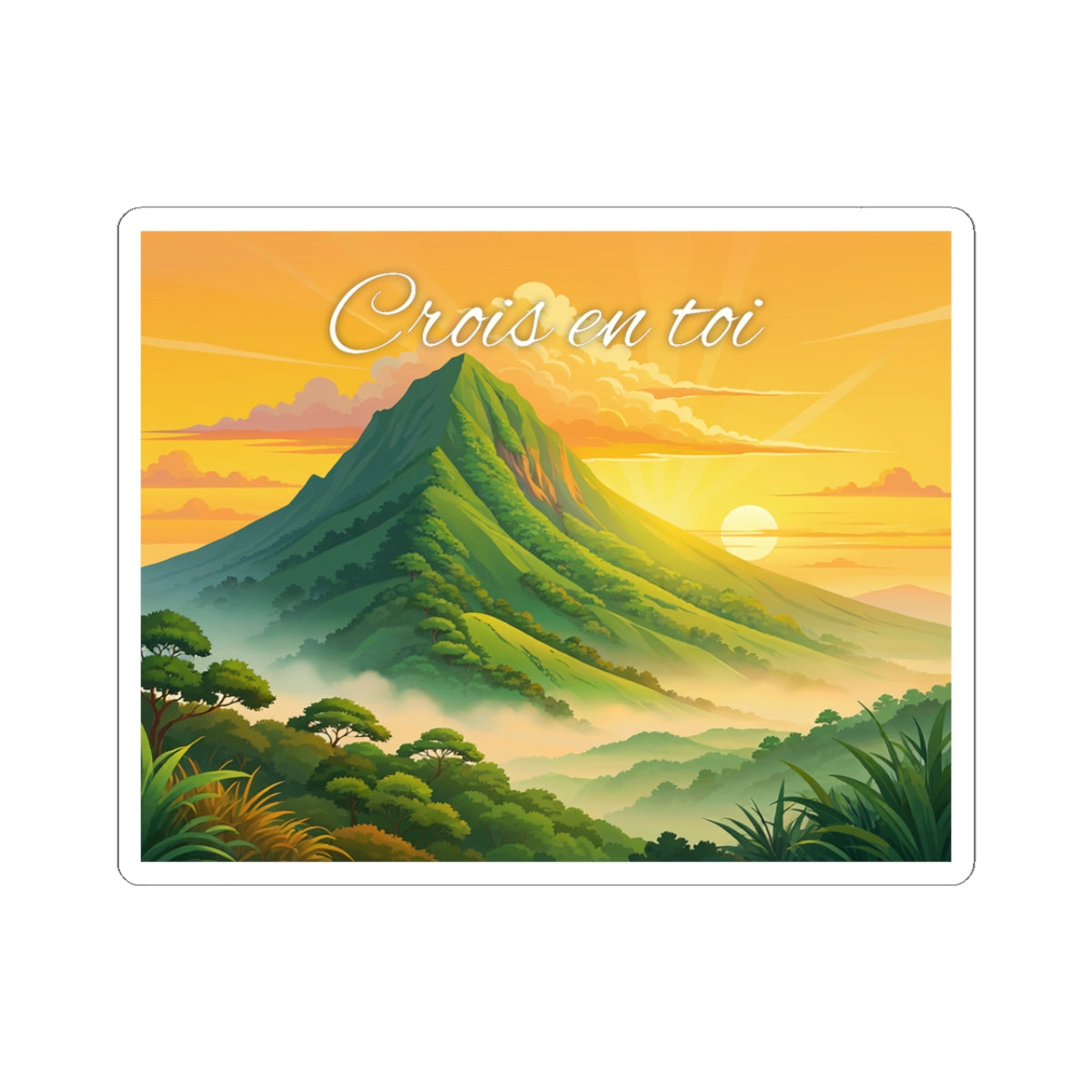 Inspirational Mountain Sunset Sticker — "Crois en toi" Motivational Kiss-Cut Sticker