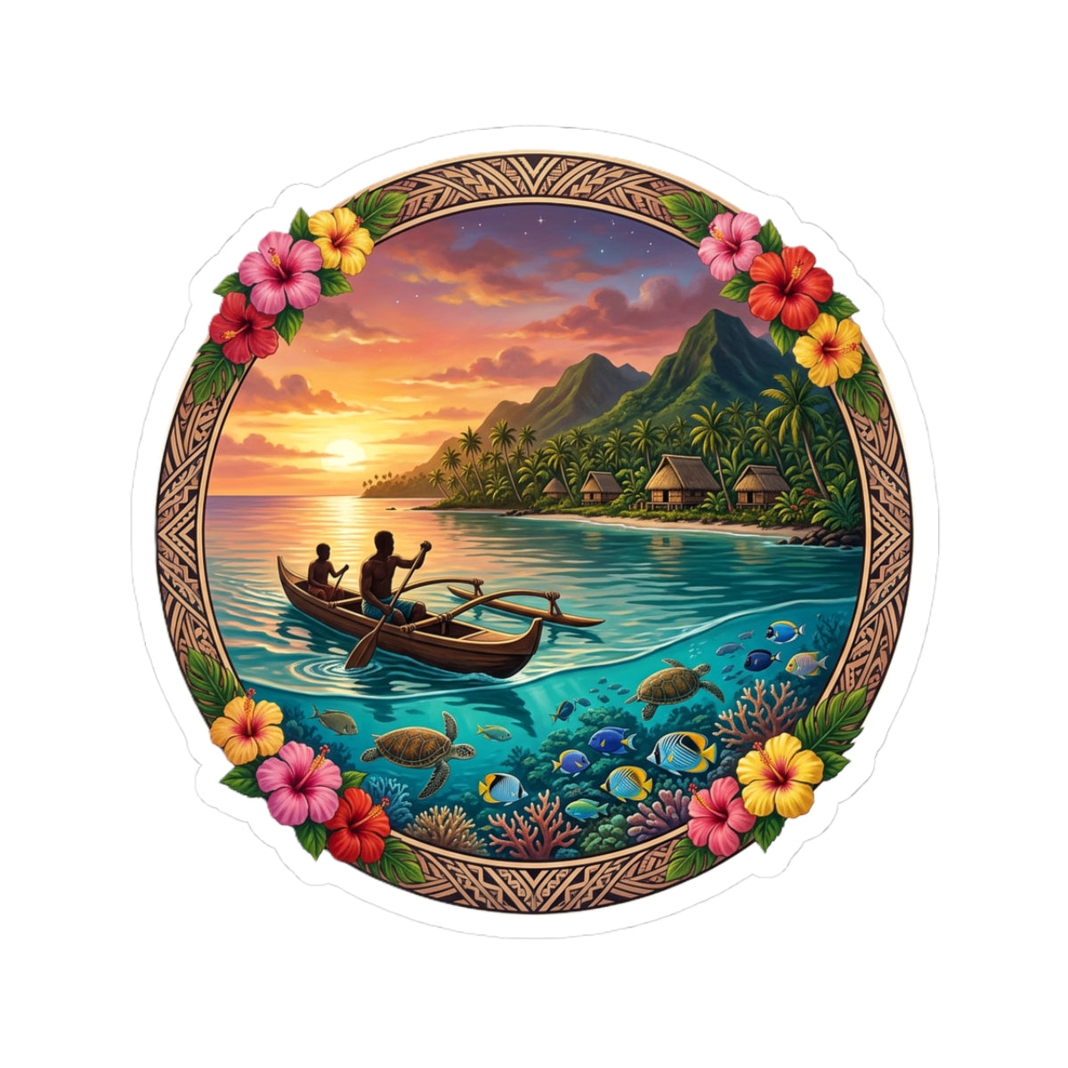 Tropical Sunset Sticker — Island Canoe Scene Kiss-Cut Sticker