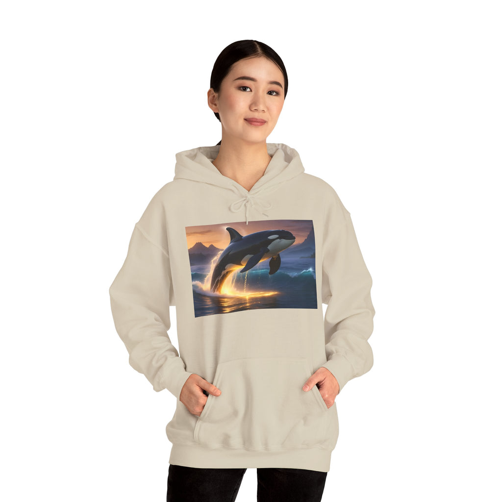 Orca Sunset Hoodie — Majestic Whale Jump Graphic Sweatshirt