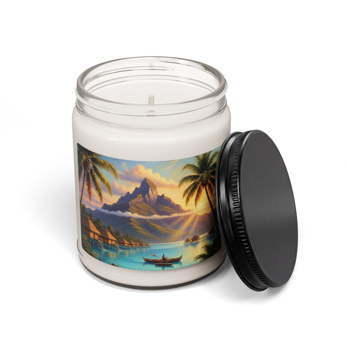 Tropical Island Soy Candle — 9oz Scented Candle with Sunset Beach Artwork