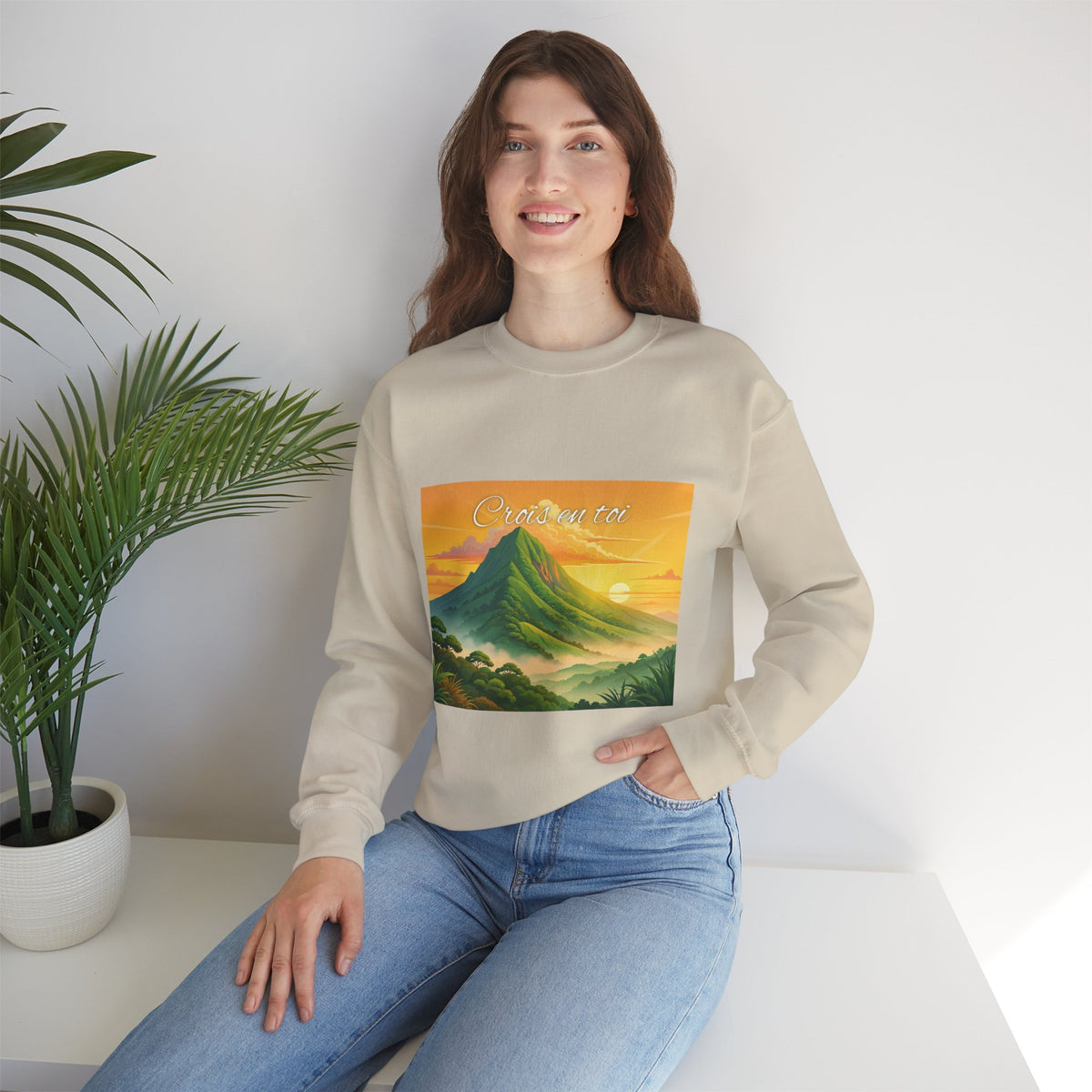 Crewneck Sweatshirt — Tropical Sunrise Volcano Graphic 'Curaçao'