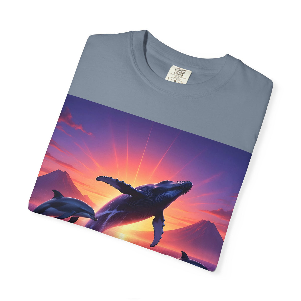 Sunset Whale & Dolphins T-Shirt — Vintage Ocean Sunset Graphic Tee