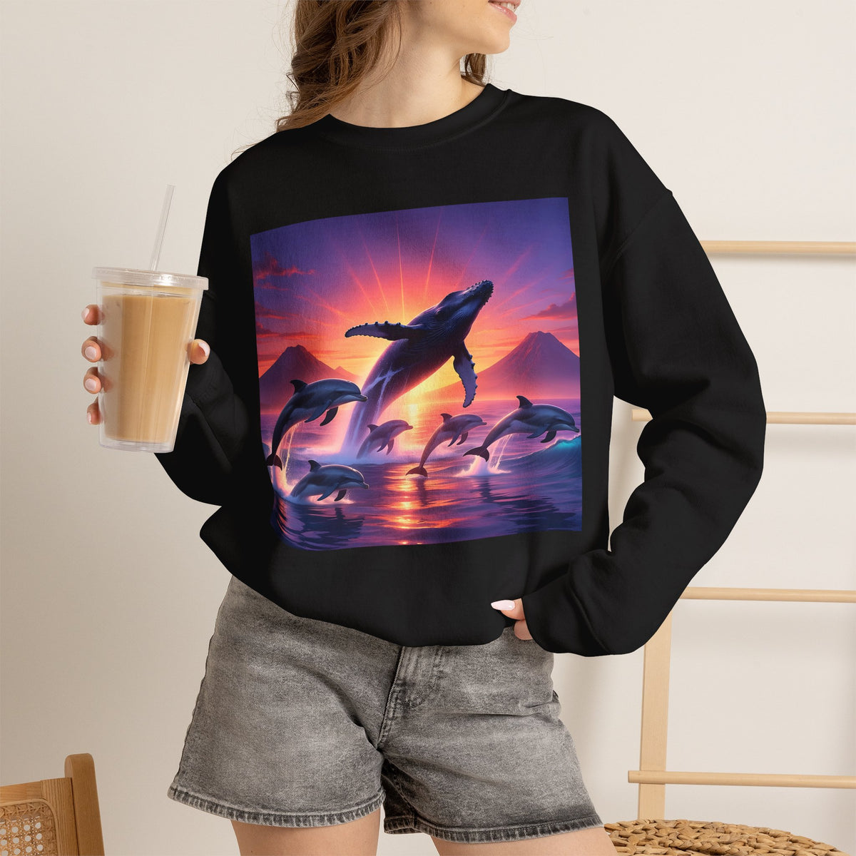 Whale Sunset Crewneck Sweatshirt — Ocean Dolphin Jump Graphic