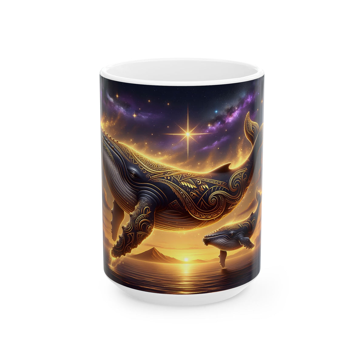 Whale Sunset Ceramic Mug — Mystical Ocean Nightscape Coffee Cup (11oz/15oz)