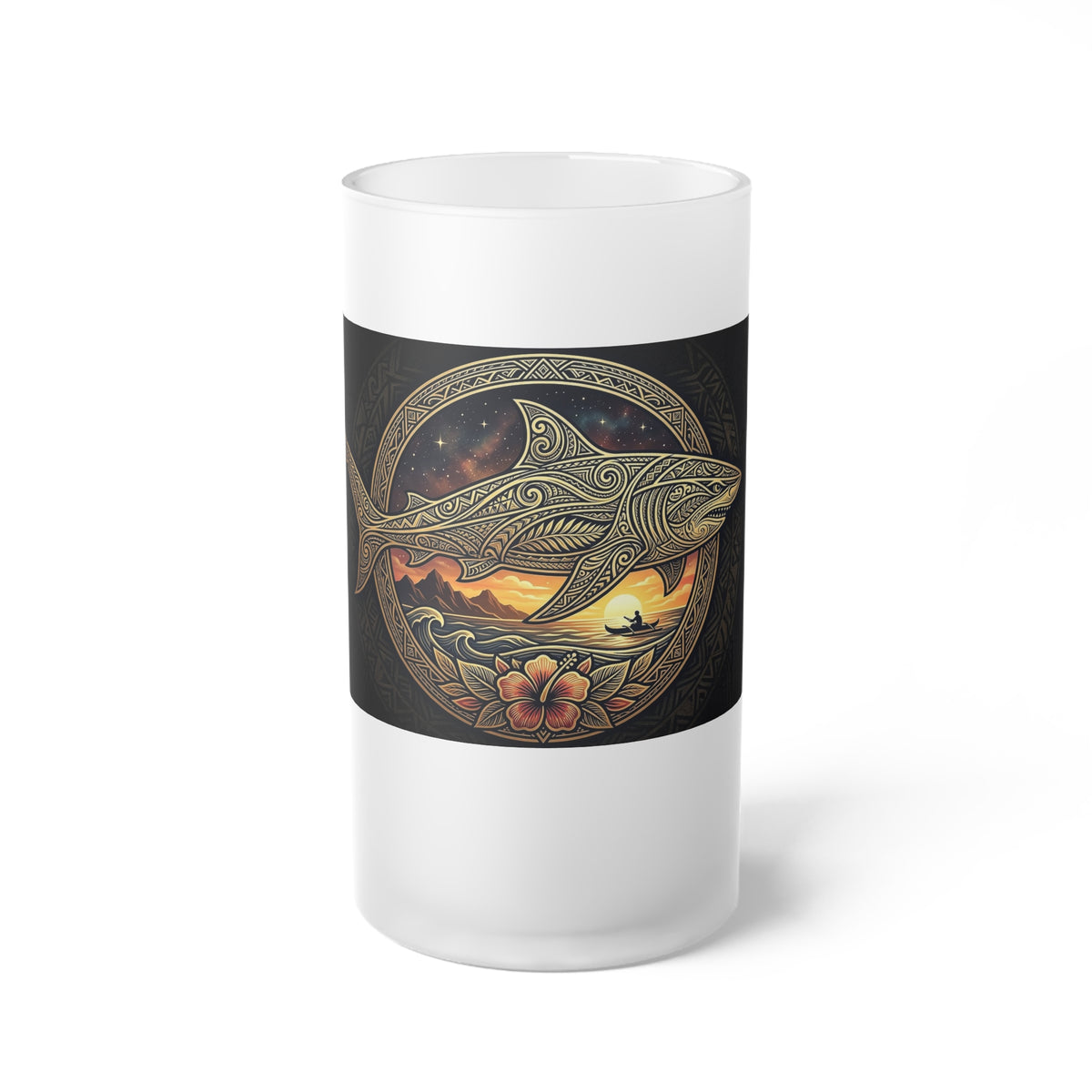 Frosted Glass Beer Mug — Nautical Celtic Whale Sunrise Design