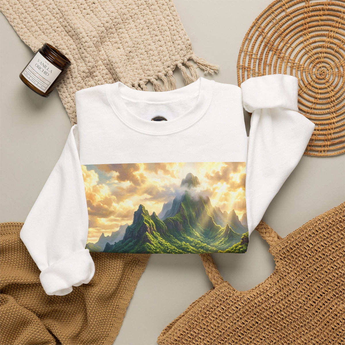 Tropical Island Crewneck Sweatshirt — Scenic Beach Landscape Pullover