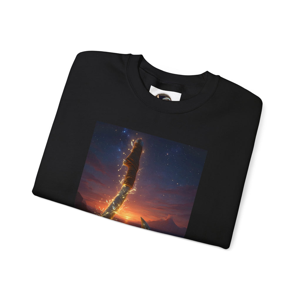 Crewneck Sweatshirt — Fiery Hook Graphic Crewneck (Stormy Sunset, Flaming Fish Hook)
