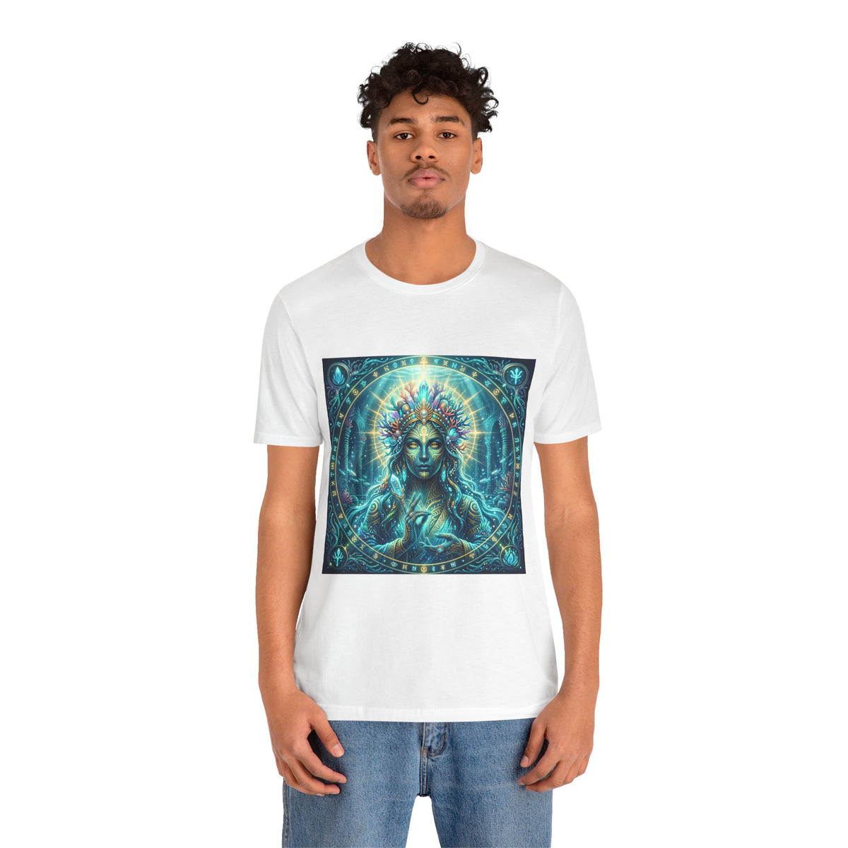 Mystic Goddess Art Tee — Celestial Blue Spiritual Graphic T-Shirt