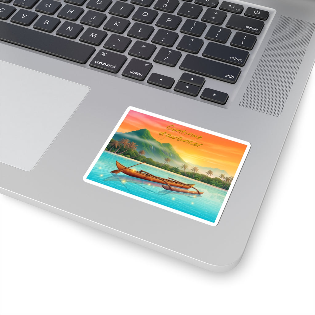 Tropical Canoe Sticker — "Continue d'avancer" Sunset Vinyl Decal