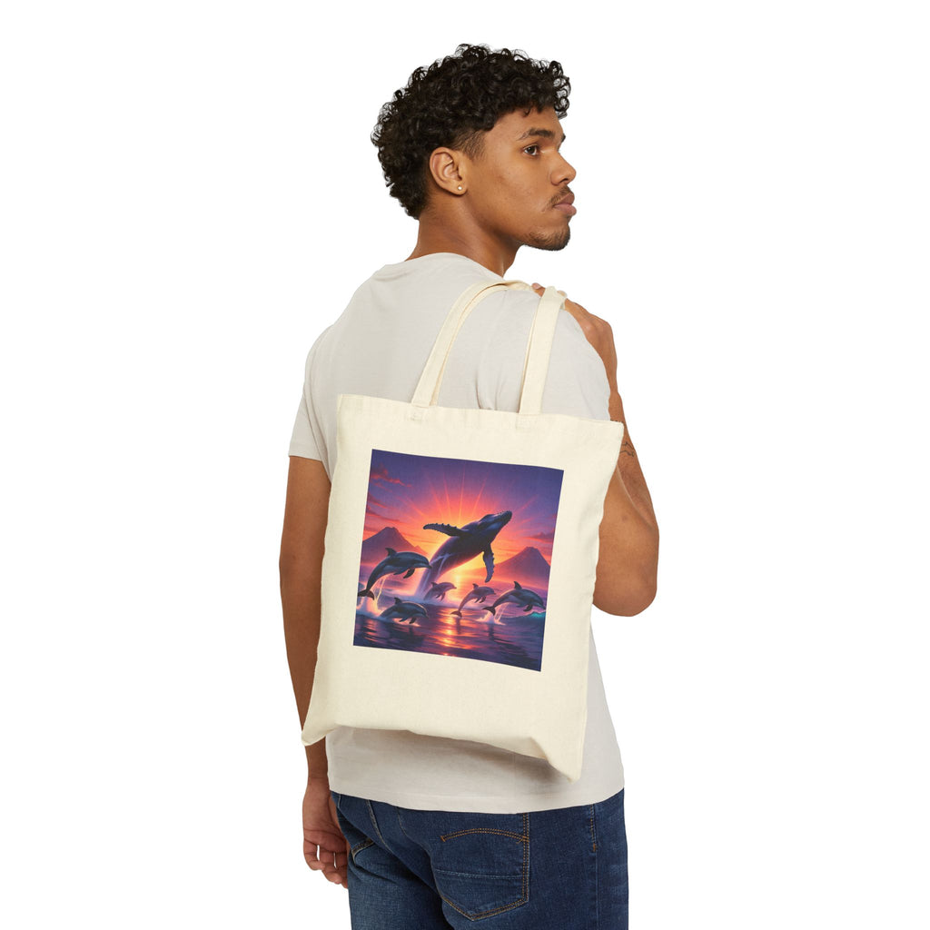 Whales at Sunset Canvas Tote Bag — Ocean Dolphin Sunset Beach Reusable Shopper