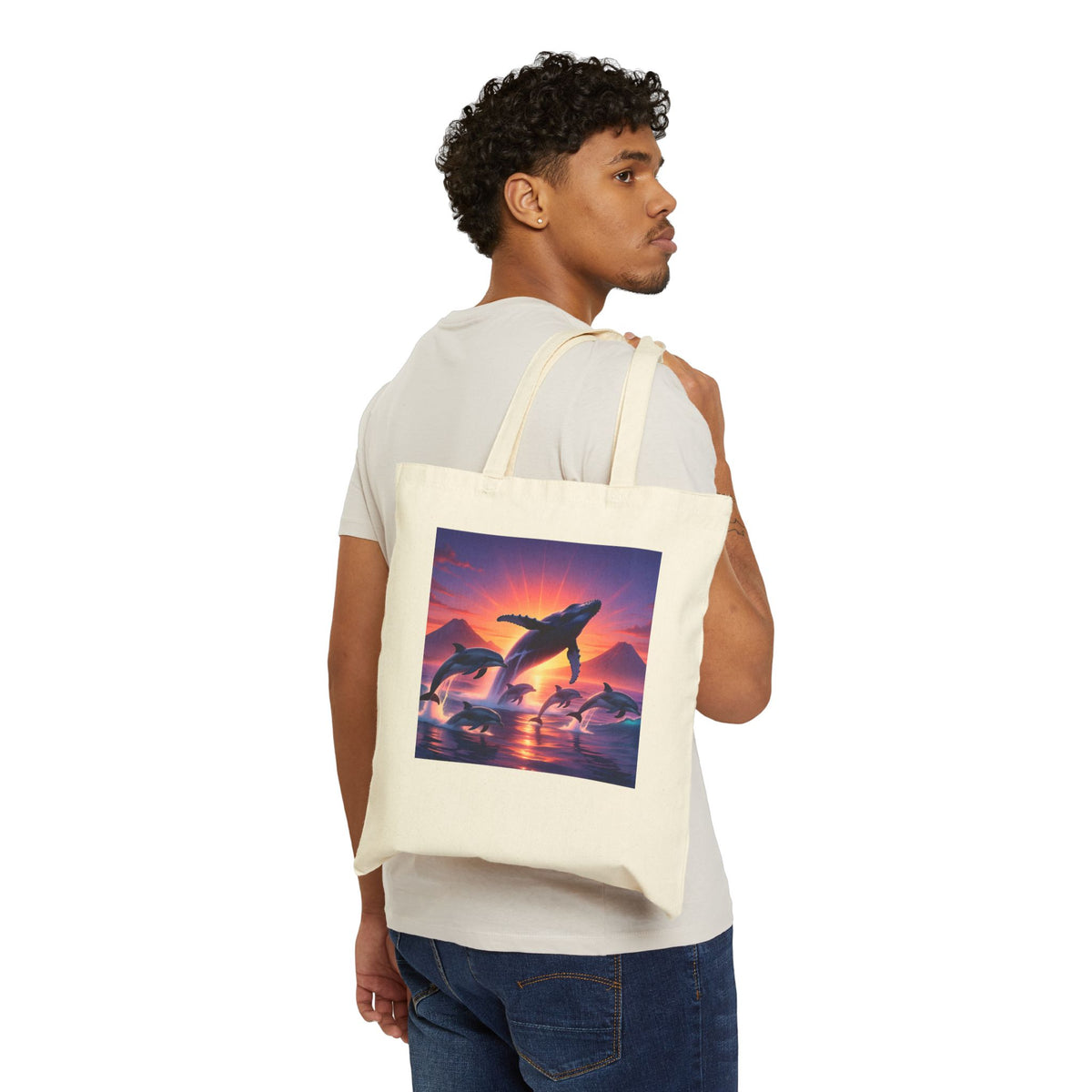 Whales at Sunset Canvas Tote Bag — Ocean Dolphin Sunset Beach Reusable Shopper
