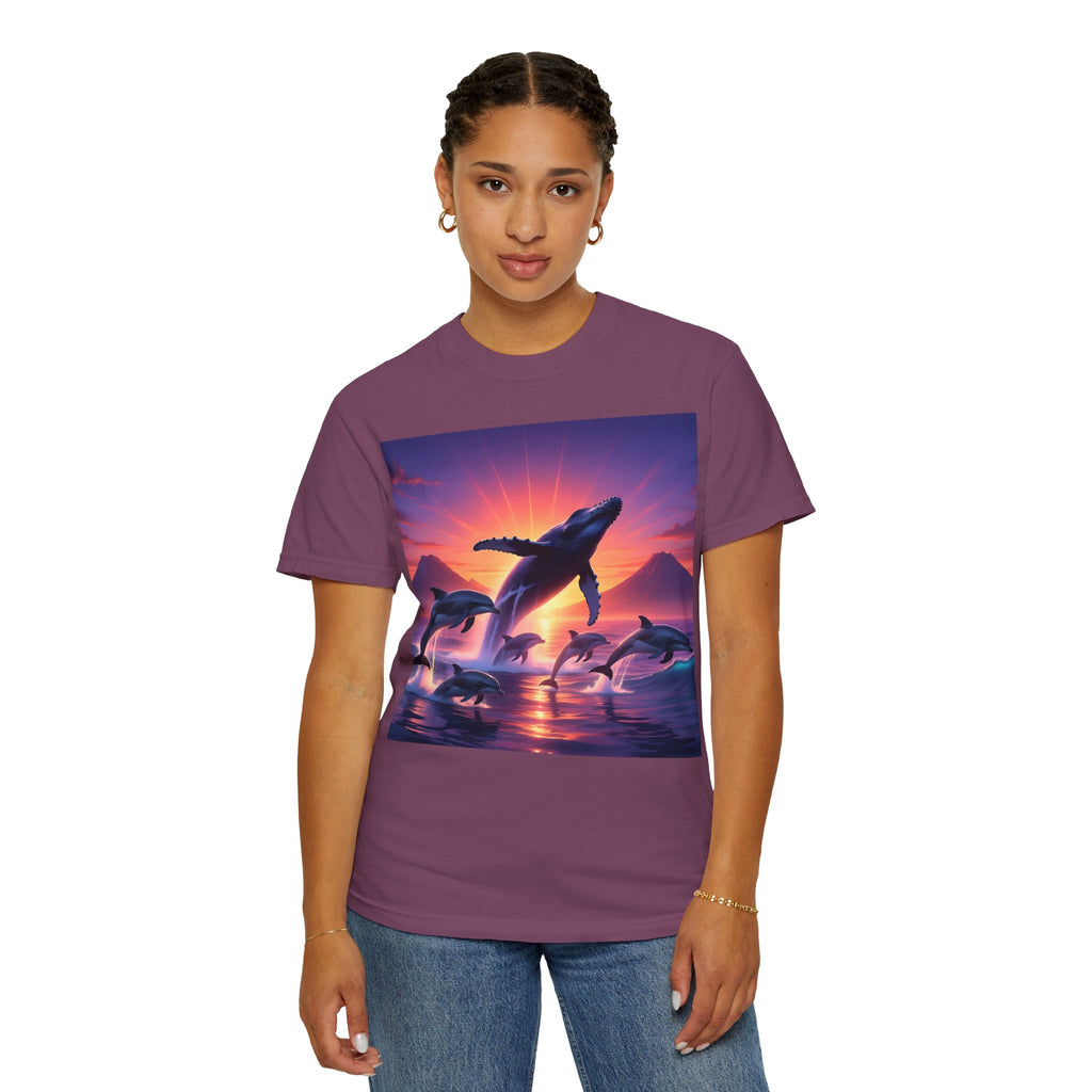 Sunset Whale & Dolphins T-Shirt — Vintage Ocean Sunset Graphic Tee