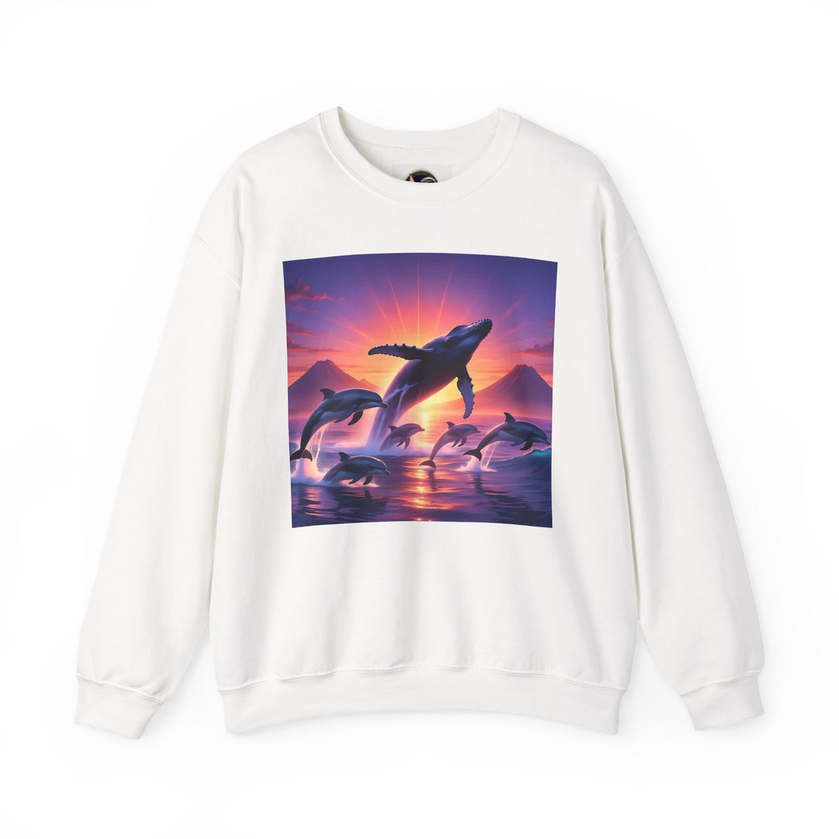 Whale Sunset Crewneck Sweatshirt — Ocean Dolphin Jump Graphic
