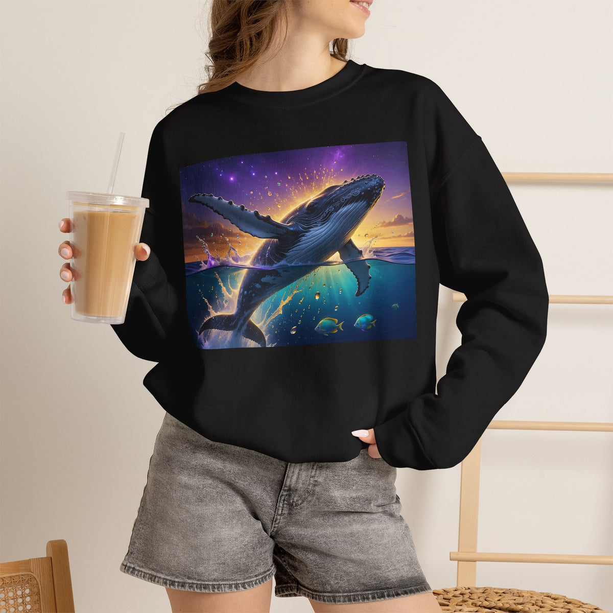 Whale Dreamscape Crewneck Sweatshirt — Cosmic Ocean Sunset Graphic