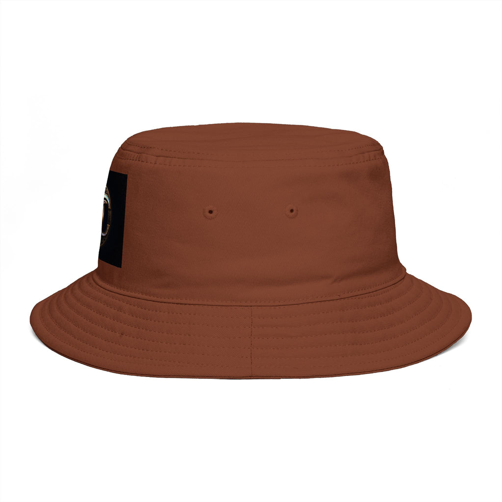 Brown Bucket Hat with Gold and Pearly Emblem — Bold Statement Sun Hat