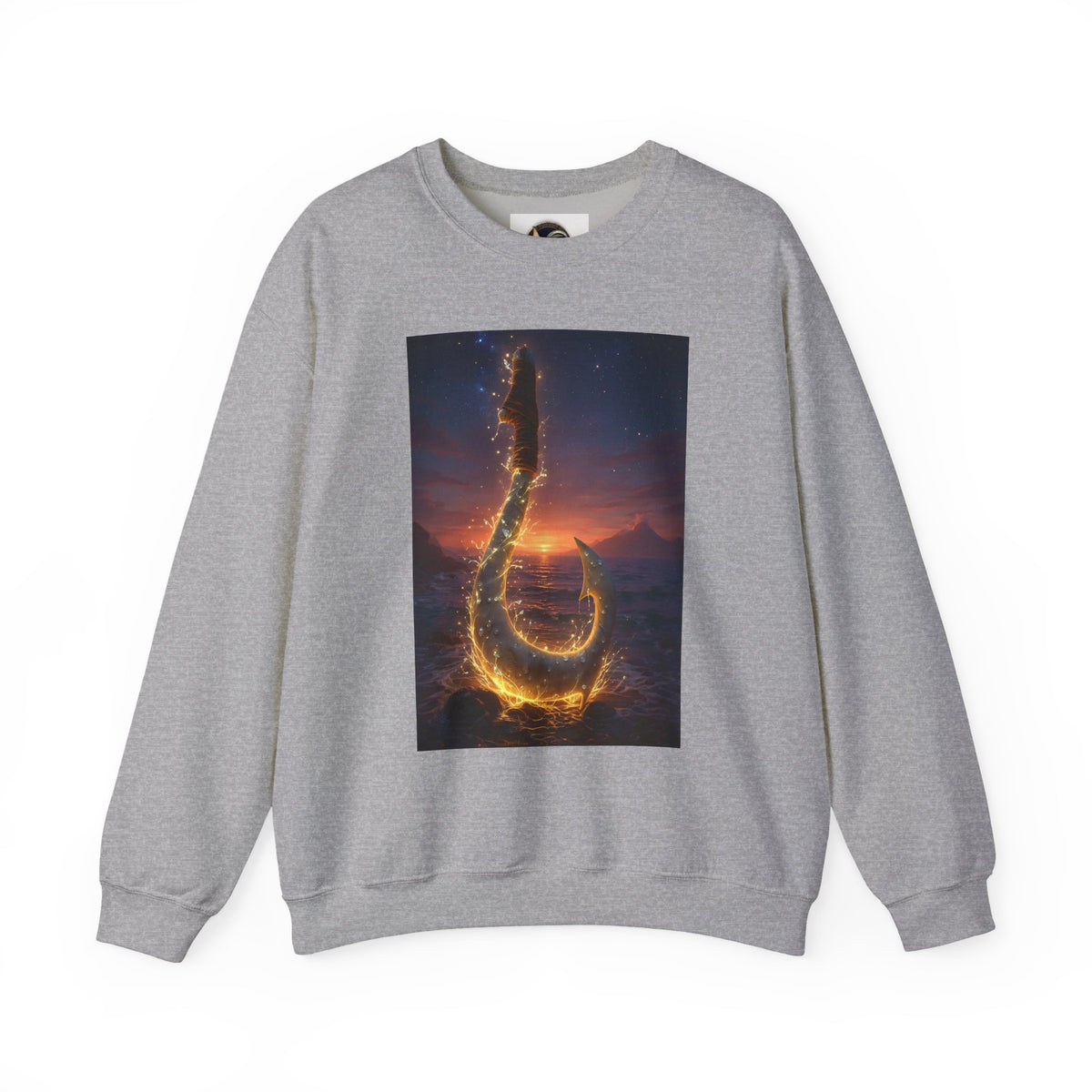 Crewneck Sweatshirt — Fiery Hook Graphic Crewneck (Stormy Sunset, Flaming Fish Hook)