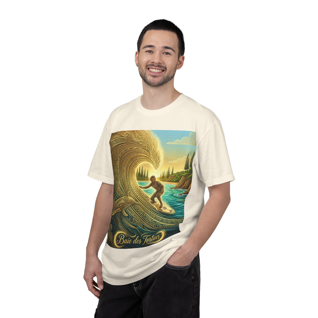 Surfer and Dolphin Wave T-Shirt | Vintage Coastal Surf Art